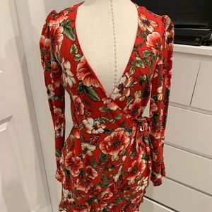 Red floral wrap dress